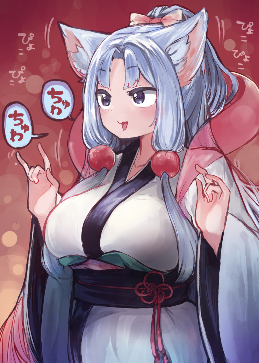 1girl :d absurdres animal_ear_fluff animal_ears blush bow breasts collarbone food fox_ears fox_girl grey_hair hagoromo hair_bobbles hair_bow hair_intakes hair_ornament hands_up highres japanese_clothes kimono large_breasts long_hair long_sleeves microa motion_lines obi open_mouth pink_bow sash shawl smile solo speech_bubble touhoku_itako violet_eyes voiceroid white_kimono wide_sleeves