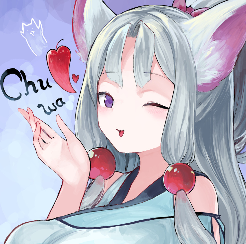 1girl ;d animal_ear_fluff animal_ears bow breasts food fox_ears fox_girl fruit grey_hair hair_bobbles hair_bow hair_intakes hair_ornament hand_up heart highres japanese_clothes large_breasts long_hair looking_at_viewer microa nhk_(voiceroid) one_eye_closed open_mouth pink_bow smile solo touhoku_itako upper_body violet_eyes voiceroid