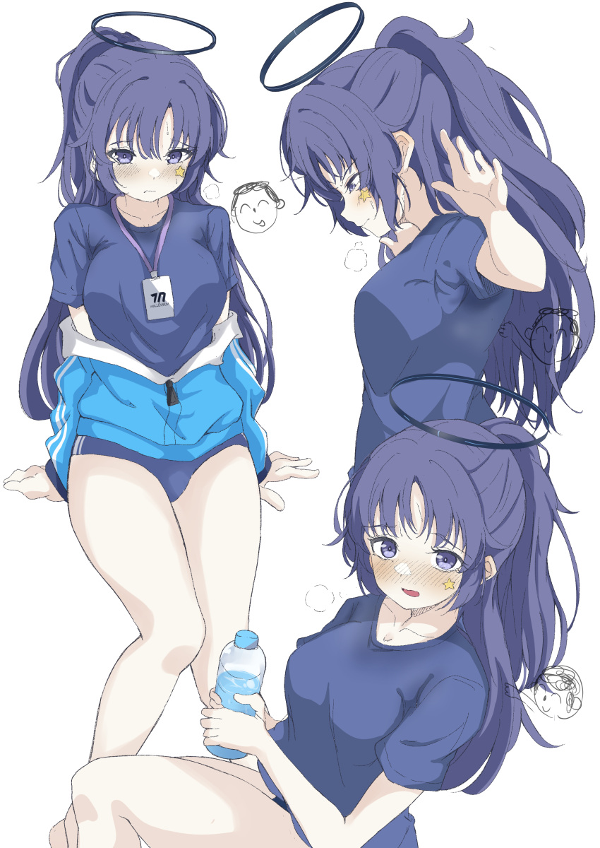 1girl absurdres arm_support bangs blue_archive blue_buruma blue_eyes blue_hair blue_jacket blue_shirt blush bottle buruma closed_mouth embarrassed from_above from_side full_body gym_uniform halo hands_up highres holding holding_bottle id_card jacket light_blush long_hair looking_at_viewer multiple_views nanao_(m44132yf) off_shoulder official_alternate_costume open_mouth parted_bangs partially_unzipped ponytail profile shirt short_sleeves sidelocks simple_background sitting solo star_sticker steam sticker_on_face sweatdrop t-shirt thighs water_bottle white_background yuuka_(blue_archive) yuuka_(gym_uniform)_(blue_archive)