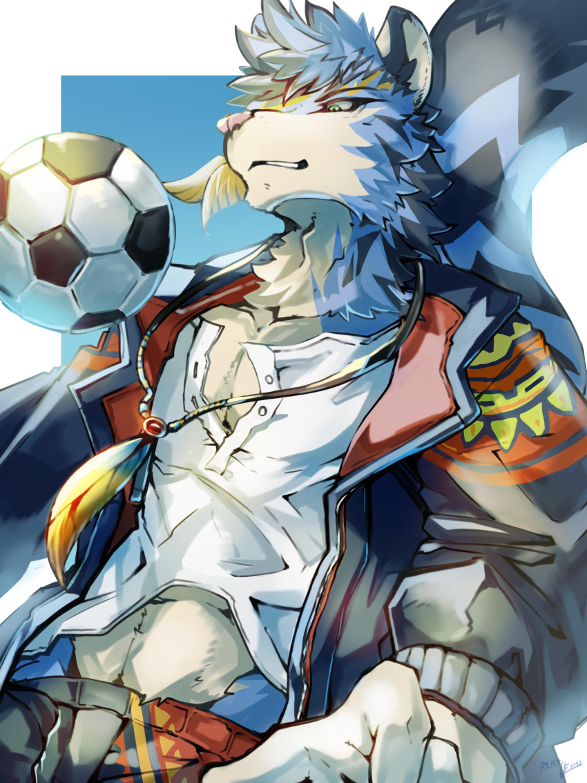 1boy abs absurdres animal_ears animal_nose ball blue_background blue_fur border chest commentary_request feather_necklace furry furry_male green_eyes highres ixbalanque_(housamo) jacket jaguar_boy jaguar_ears jaguar_tail jewelry male_focus midriff_peek necklace outside_border parted_lips pectorals shimazanbagu shirt short_hair smile snout soccer_ball solo tail tokyo_afterschool_summoners upper_body white_border white_shirt