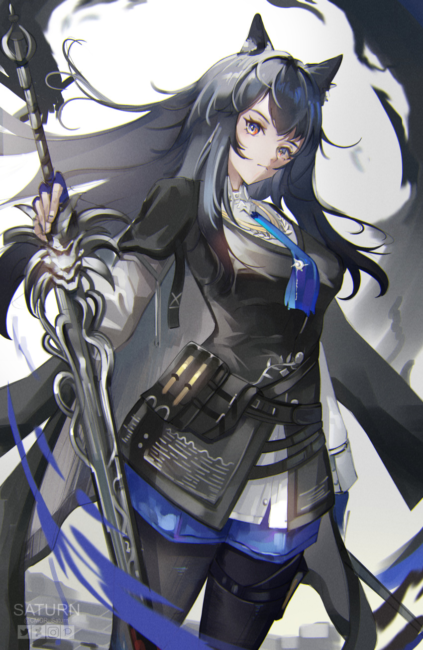1girl absurdres animal_ears arknights artist_name bangs black_cape black_hair black_pantyhose black_vest blue_gloves blue_necktie blue_shorts cape cmdr_saturn commentary fingerless_gloves floating_hair gloves highres holding holding_sword holding_weapon long_hair looking_at_viewer necktie pantyhose pantyhose_under_shorts shorts solo sword texas_(arknights) texas_the_omertosa_(arknights) vest weapon wolf_ears wolf_girl yellow_eyes