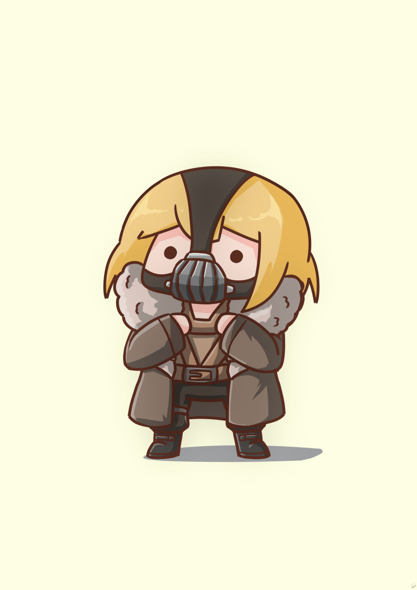 ._. absurdres bane bane_(cosplay) batman_(series) belt belt_buckle black_footwear black_pants blonde_hair boots brown_coat buckle chibi coat commentary cosplay dc_comics fur-trimmed_coat fur_trim hands_on_own_chest highres hololive hololive_english long_sleeves mask mouth_mask pants phdpigeon smol_ame straight-on the_dark_knight_rises watson_amelia
