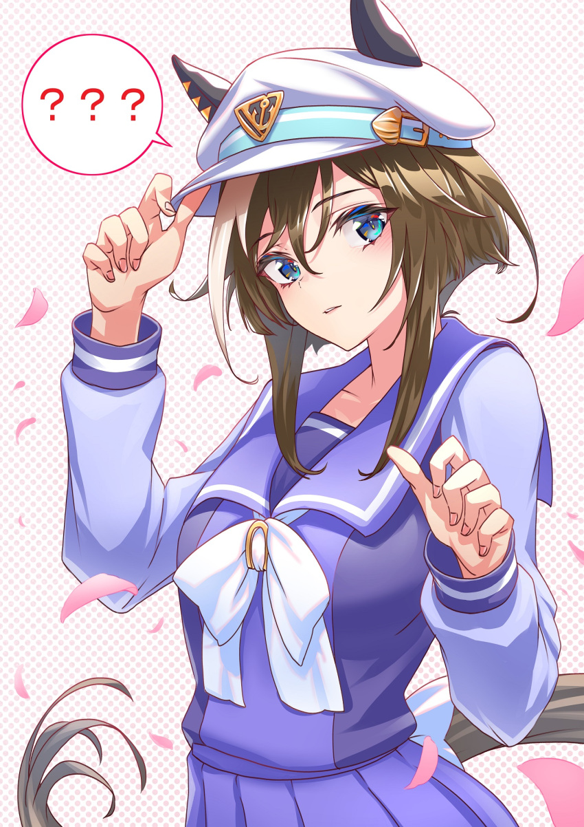 1girl ? animal_ears arm_up bangs blue_eyes blue_shirt blue_skirt brown_hair cabbie_hat cheval_grand_(umamusume) commentary_request ears_through_headwear hair_between_eyes hand_on_headwear hand_up hat highres horse_ears horse_girl horse_tail long_sleeves multicolored_hair nabe_puyo parted_lips petals pleated_skirt polka_dot polka_dot_background puffy_long_sleeves puffy_sleeves school_uniform serafuku shirt skirt solo spoken_question_mark streaked_hair tail tracen_school_uniform umamusume white_hair white_headwear