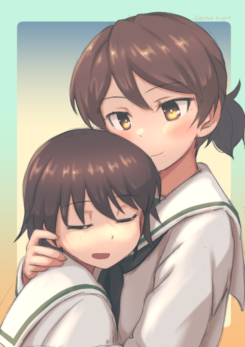 2girls bangs black_neckwear blouse blush brown_eyes brown_hair closed_eyes closed_mouth coffeenougat_1985 girls_und_panzer highres hug isobe_noriko kawanishi_shinobu long_sleeves looking_at_another multiple_girls neckerchief ooarai_school_uniform open_mouth ponytail school_uniform serafuku shiny shiny_hair short_hair simple_background smile white_blouse yuri