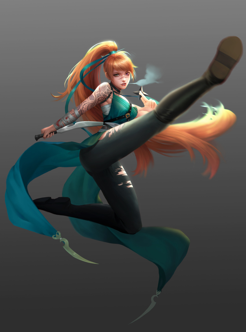 1girl absurdres arm_tattoo arm_wrap boots full_body gradient gradient_background grey_background heterochromia highres holding holding_knife holding_weapon jing_zhou kicking knife kunai long_hair looking_at_viewer open_mouth orange_hair original pants ponytail scar scar_on_face scar_on_nose sleeveless smoke solo tattoo torn_clothes torn_legwear violet_eyes weapon yellow_eyes