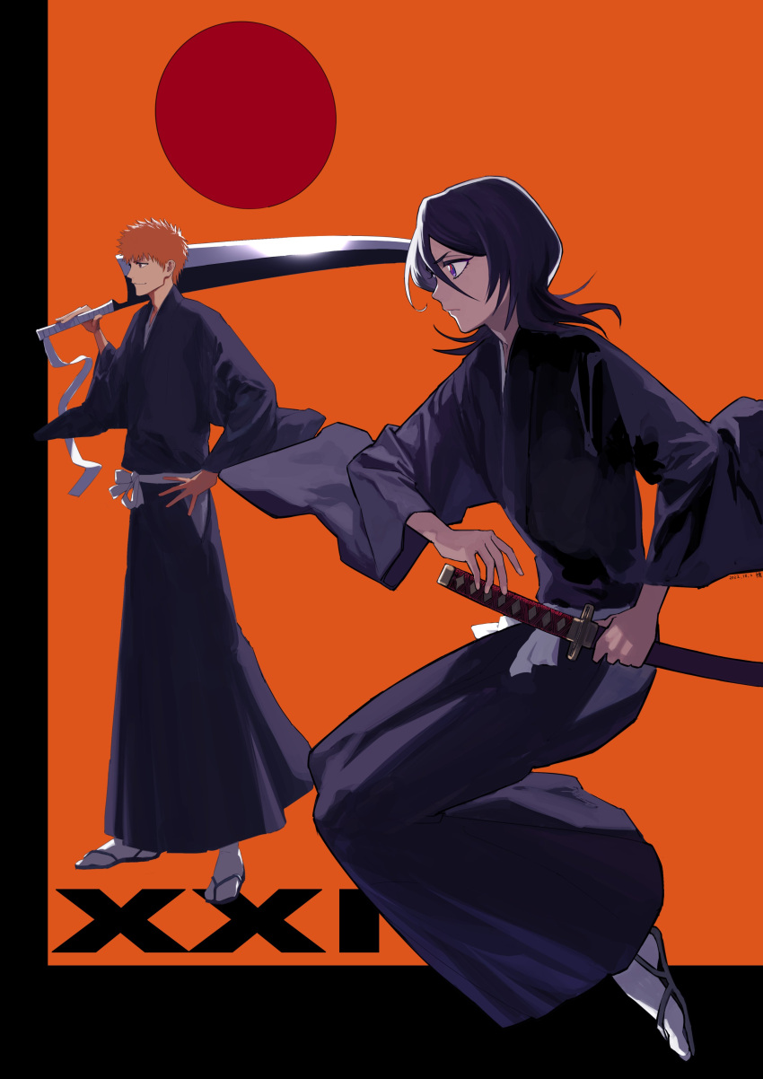 1boy 1girl absurdres bangs black_background black_footwear black_hair black_kimono bleach commentary from_side hair_between_eyes highres holding holding_sheath holding_sword holding_weapon japanese_clothes jo_jjo_29 katana kimono kuchiki_rukia kurosaki_ichigo long_hair long_sleeves looking_away orange_background orange_hair profile red_eyes sheath sheathed socks standing sword tabi two-tone_background weapon white_socks wide_sleeves