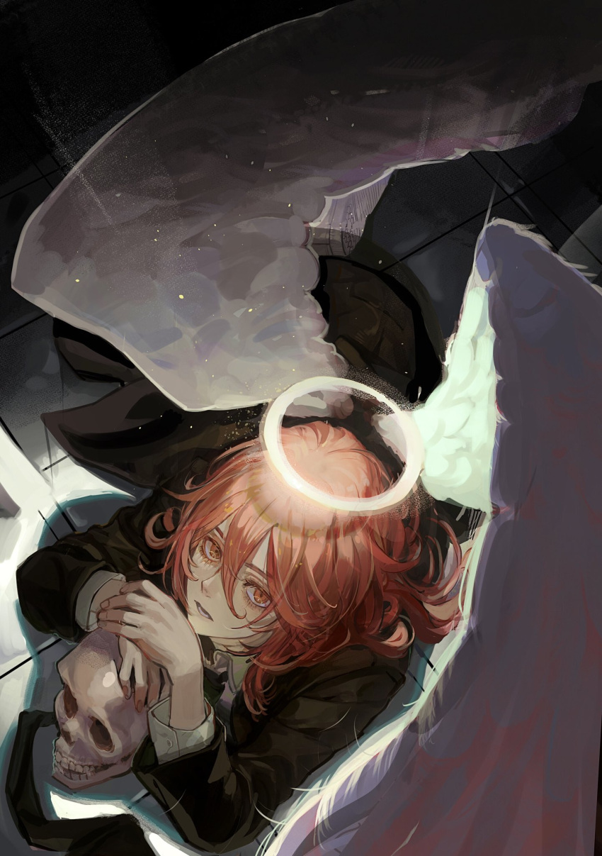 1boy angel_devil_(chainsaw_man) black_necktie chainsaw_man doodoopi4 formal halo highres long_hair long_sleeves looking_at_viewer necktie open_mouth red_eyes redhead skull solo suit teeth white_wings wings