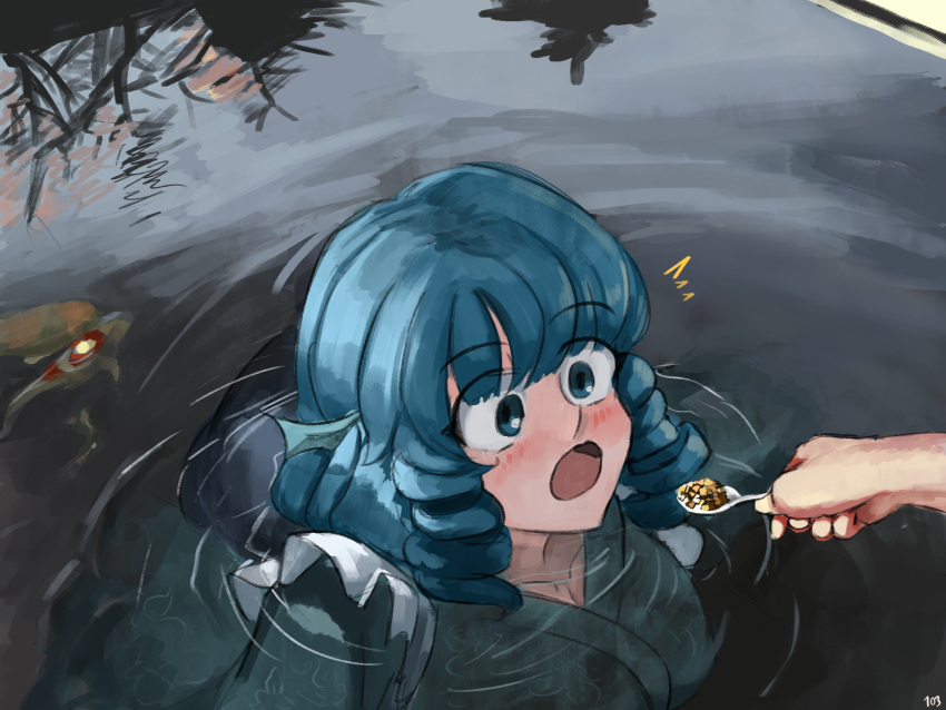 1girl 1other :o blue_eyes blue_hair danlamdae drill_hair drill_locks fish green_kimono head_fins highres holding holding_spoon japanese_clothes kimono mermaid monster_girl open_mouth outdoors partially_submerged short_hair solo_focus spoon touhou wakasagihime