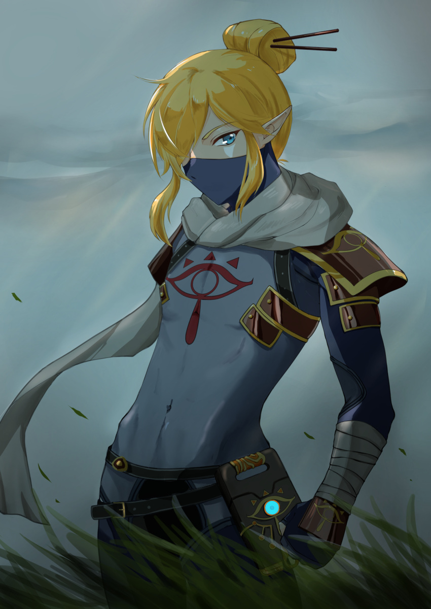 1boy bandages blonde_hair blue_eyes bodysuit covered_navel gloves grey_sky hair_bun hair_ornament hair_stick highres kana_(kkk021109) link looking_at_viewer male_focus mask mouth_mask navel official_alternate_costume outdoors pointy_ears scarf sheikah_slate sidelocks solo stealth_set_(zelda) the_legend_of_zelda wind