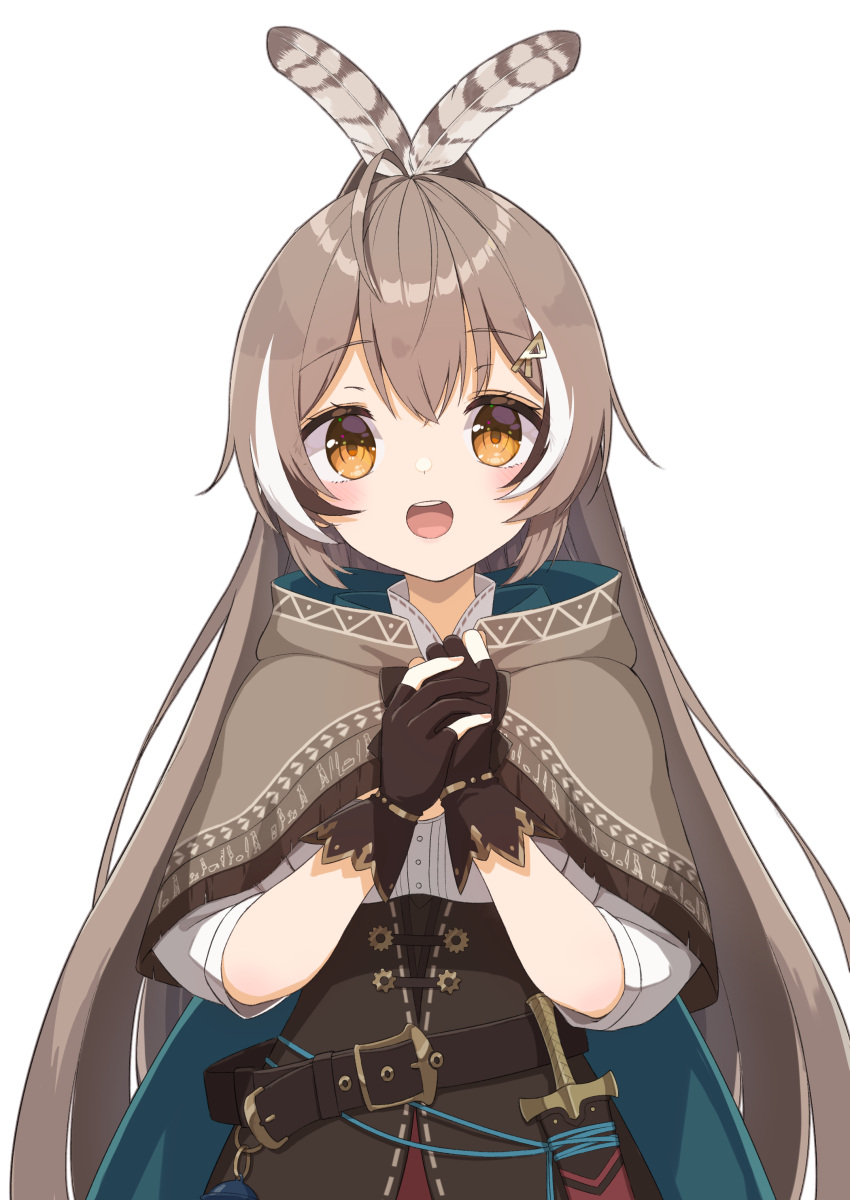 1girl :d absurdres ahoge bangs belt brown_capelet brown_cloak brown_corset brown_eyes brown_hair cape capelet cloak corset dagger feather_hair_ornament feathers furuneo10 gloves gradient gradient_background hair_between_eyes hair_ornament hairclip highres hololive hololive_english knife lantern long_hair looking_at_viewer multicolored_hair nanashi_mumei open_mouth own_hands_clasped own_hands_together partially_fingerless_gloves ponytail ribbon shirt smile solo streaked_hair teeth upper_teeth very_long_hair virtual_youtuber weapon white_shirt