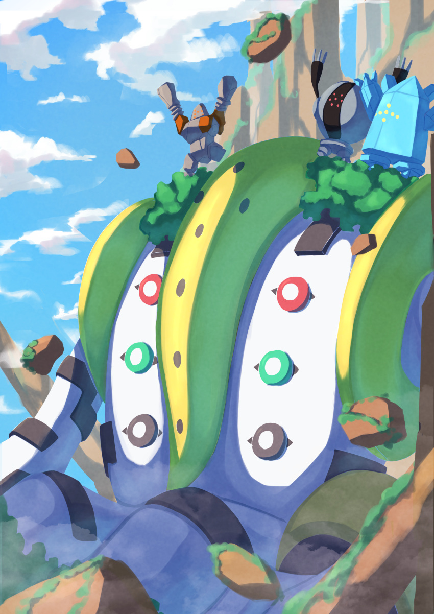 absurdres arms_up blue_sky cloud clouds commentary_request day giant highres moss mountain no_humans on_shoulder outdoors pokemon pokemon_(creature) pokemon_on_shoulder regice regigigas regirock registeel ririri_(user_rkrv7838) sitting sky tree