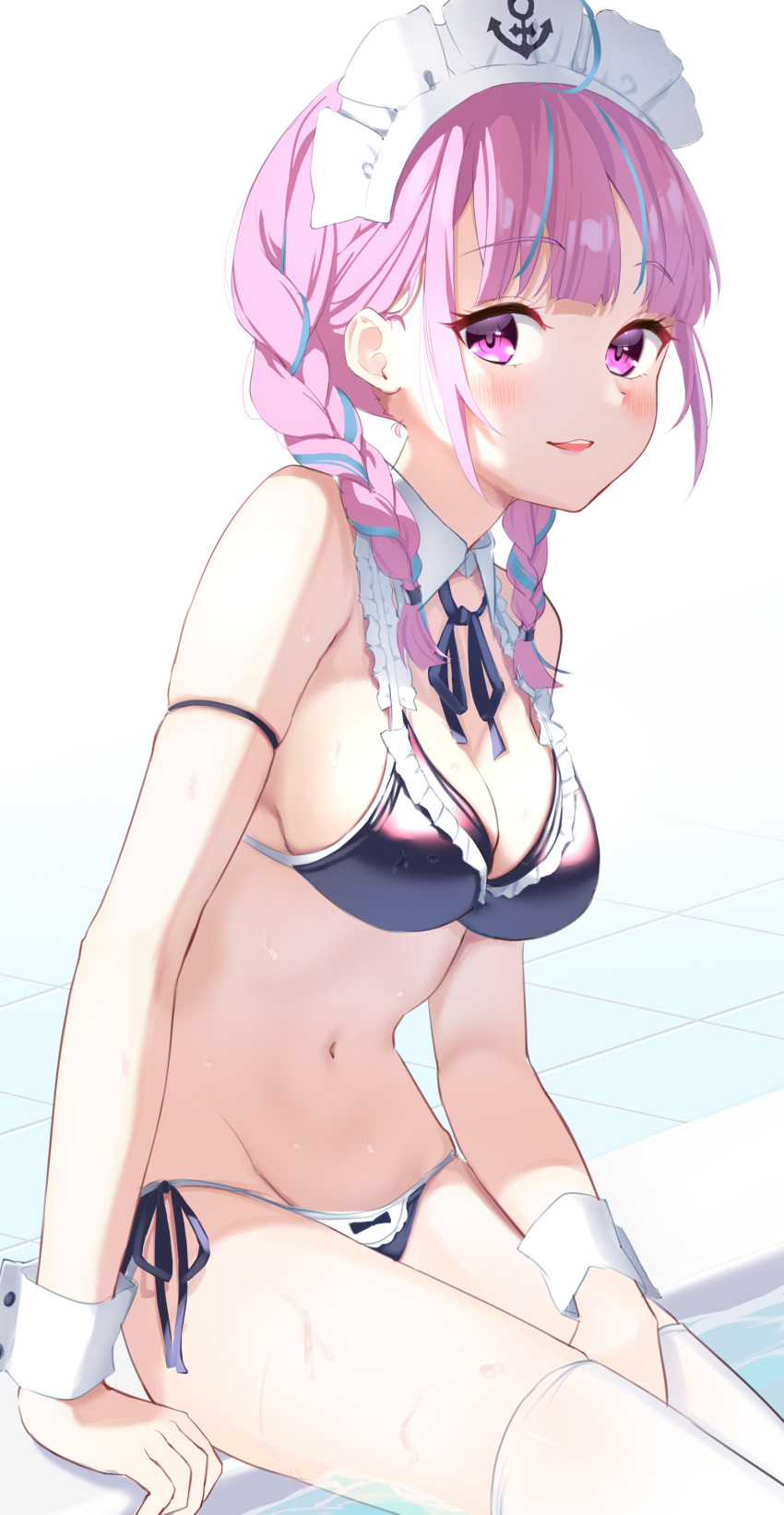 1girl absurdres ahoge anchor_symbol bikini blue_hair braid breasts cleavage colored_inner_hair feeilll french_braid frilled_swimsuit frills highres hololive long_hair looking_at_viewer maid_headdress minato_aqua multicolored_hair navel pink_hair purple_eyes side-tie_bikini_bottom simple_background sitting skindentation smile solo streaked_hair swimsuit thigh-highs thighhighs twin_braids two-tone_hair violet_eyes virtual_youtuber white_background white_legwear wrist_cuffs