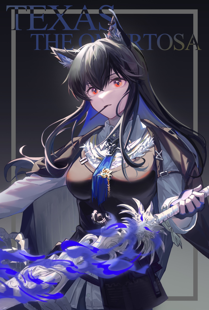 1girl absurdres animal_ears arknights bangs black_background black_cape black_hair black_vest blue_necktie breasts cape character_name collared_shirt ear_piercing food food_in_mouth hair_between_eyes highres holding holding_sword holding_weapon juechen_syl long_hair looking_at_viewer medium_breasts mouth_hold necktie official_alternate_costume piercing pocky red_eyes shirt simple_background solo sword texas_(arknights) texas_the_omertosa_(arknights) upper_body vest weapon white_shirt wolf_ears wolf_girl