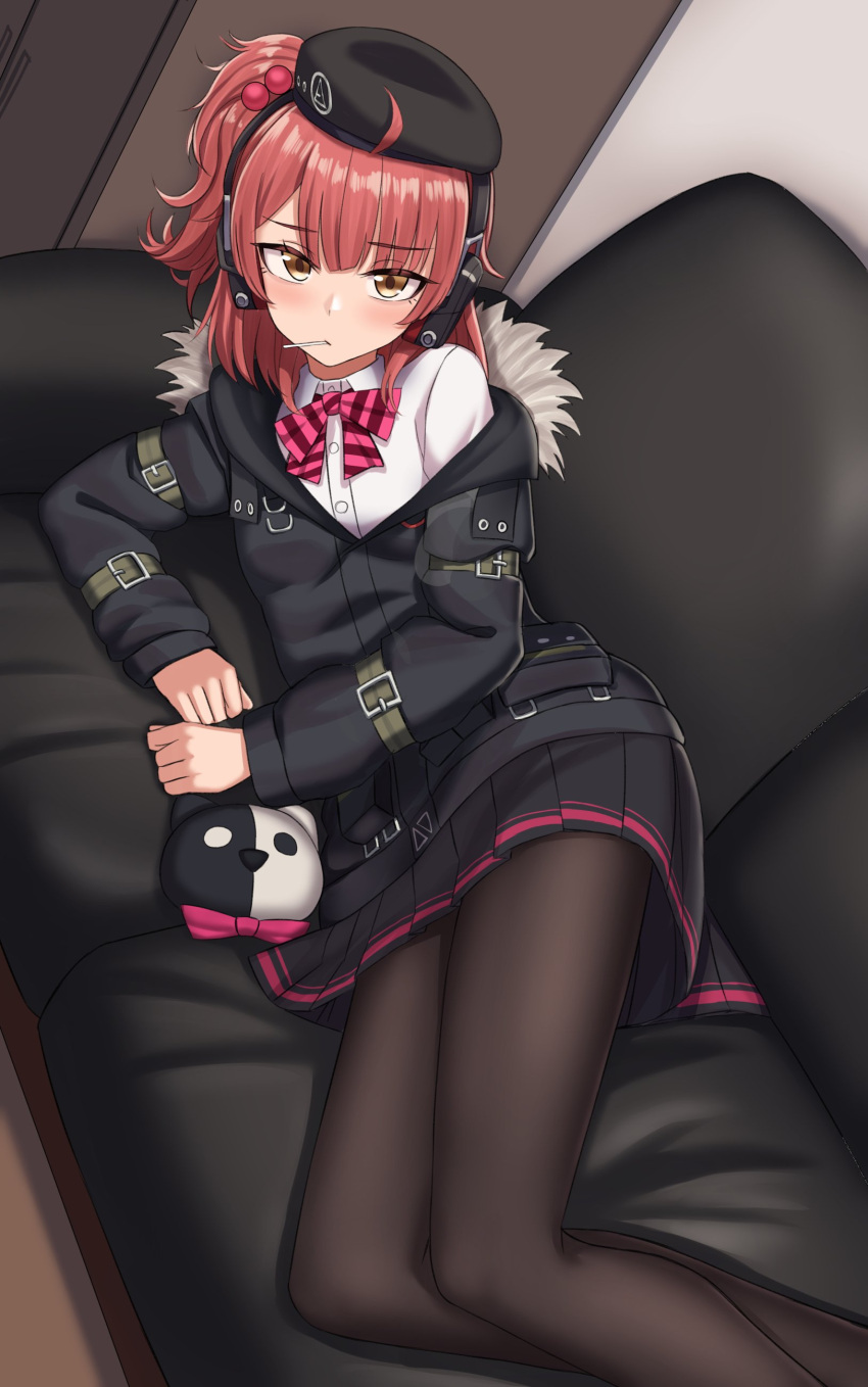 1girl absurdres ahoge beret blush bow commission couch girls_frontline hat highres jacket mp7_(girls'_frontline) on_couch pantyhose pleated_skirt redhead skirt solo yakob_labo yellow_eyes