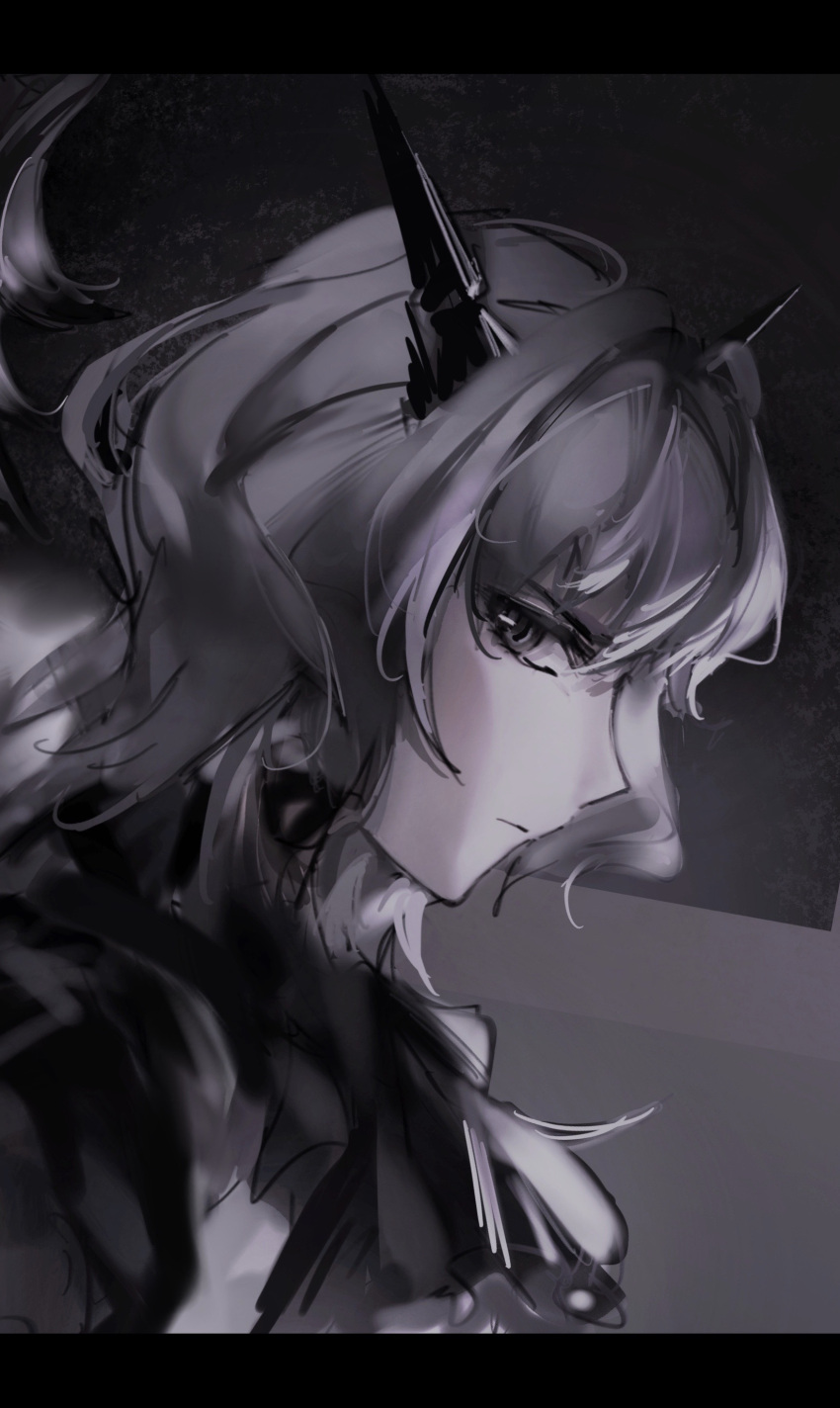 1girl absurdres arknights bangs black_dress dragon_girl dragon_horns dress grey_background grey_eyes grey_hair headgear highres horns letterboxed looking_at_viewer monochrome onlly portrait profile short_hair sideways_glance simple_background solo talulah_(arknights)