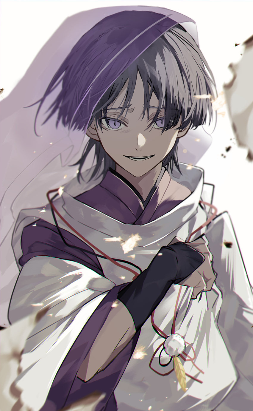 1boy absurdres bangs black_hair blurry blurry_foreground burned_paper burnt commentary_request embers evil_smile genshin_impact highres hitoyuki japanese_clothes kuronushi_(genshin_impact) looking_at_viewer male_focus purple_eyes scaramouche_(genshin_impact) short_hair slit_pupils smile solo upper_body veil vest violet_eyes white_background wide_sleeves