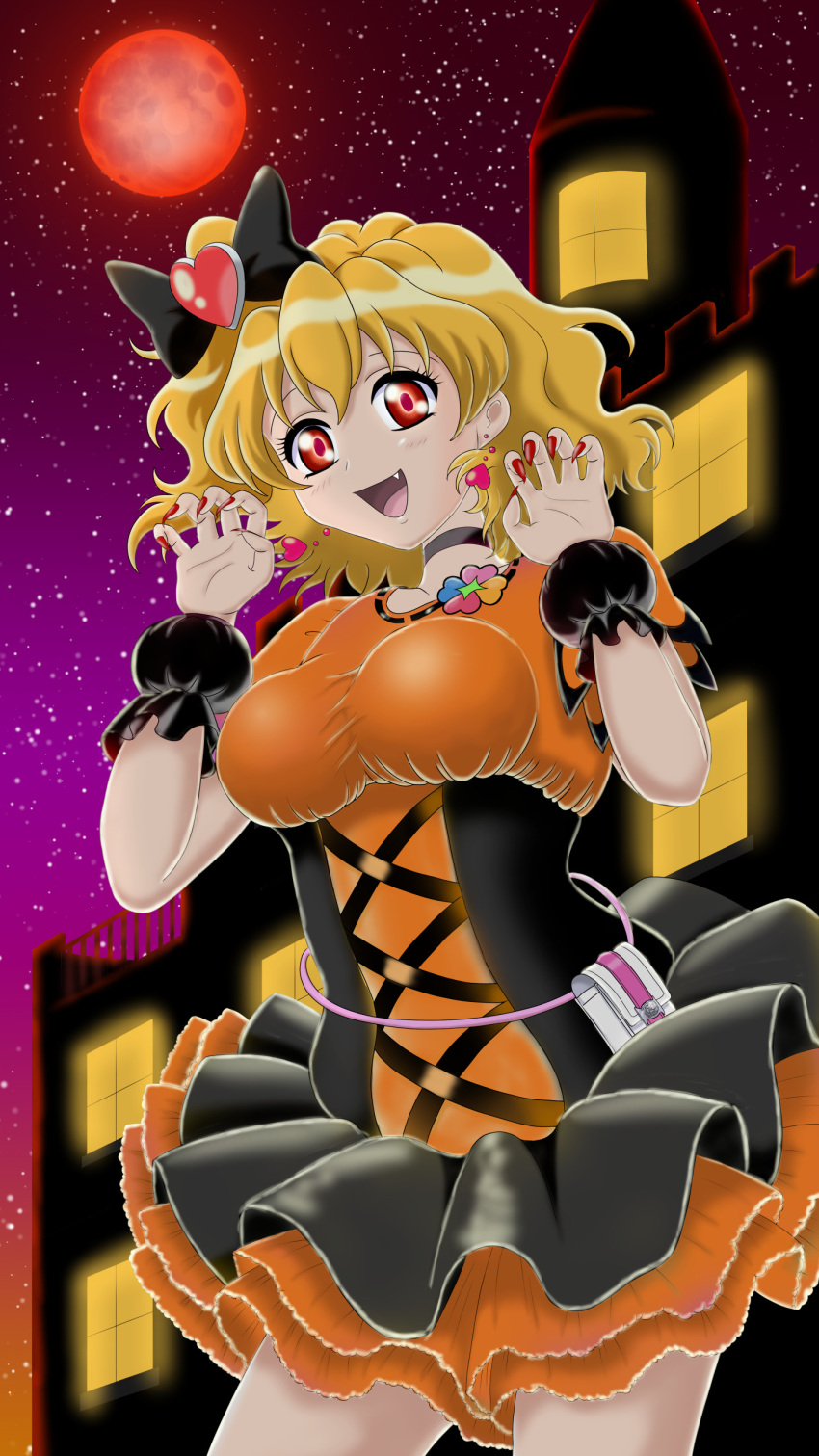 1girl absurdres alternate_costume black_choker black_dress blonde_hair breasts building choker city clover_ornament commentary_request corset cure_pine dress earrings fangs fresh_precure! full_moon halloween halloween_costume heart heart_earrings highres jewelry looking_at_viewer magical_girl medium_breasts moon nail_polish night night_sky open_mouth orange_dress pouch precure red_eyes red_moon short_sleeves sky solo star_(sky) starry_sky two-tone_dress vampire white_crow_(pl66) wrist_cuffs yamabuki_inori