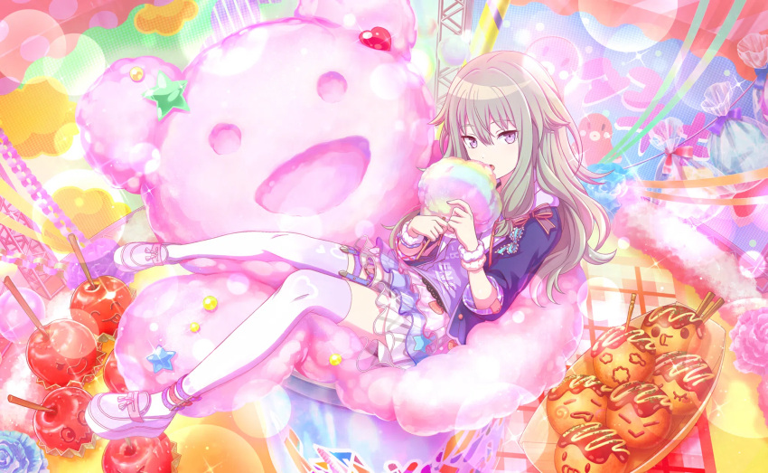 1girl bag blue_jacket bow candy_apple colorful_palette cotton_candy eating food green_hair grey_eyes highres jacket kusanagi_nene long_hair looking_at_viewer low-tied_long_hair official_art open_mouth project_sekai purple_bow purple_shirt scaffolding scrunchie shirt shoes sitting solo takoyaki thigh-highs thigh_strap thighhighs white_footwear white_thighhighs wrist_scrunchie