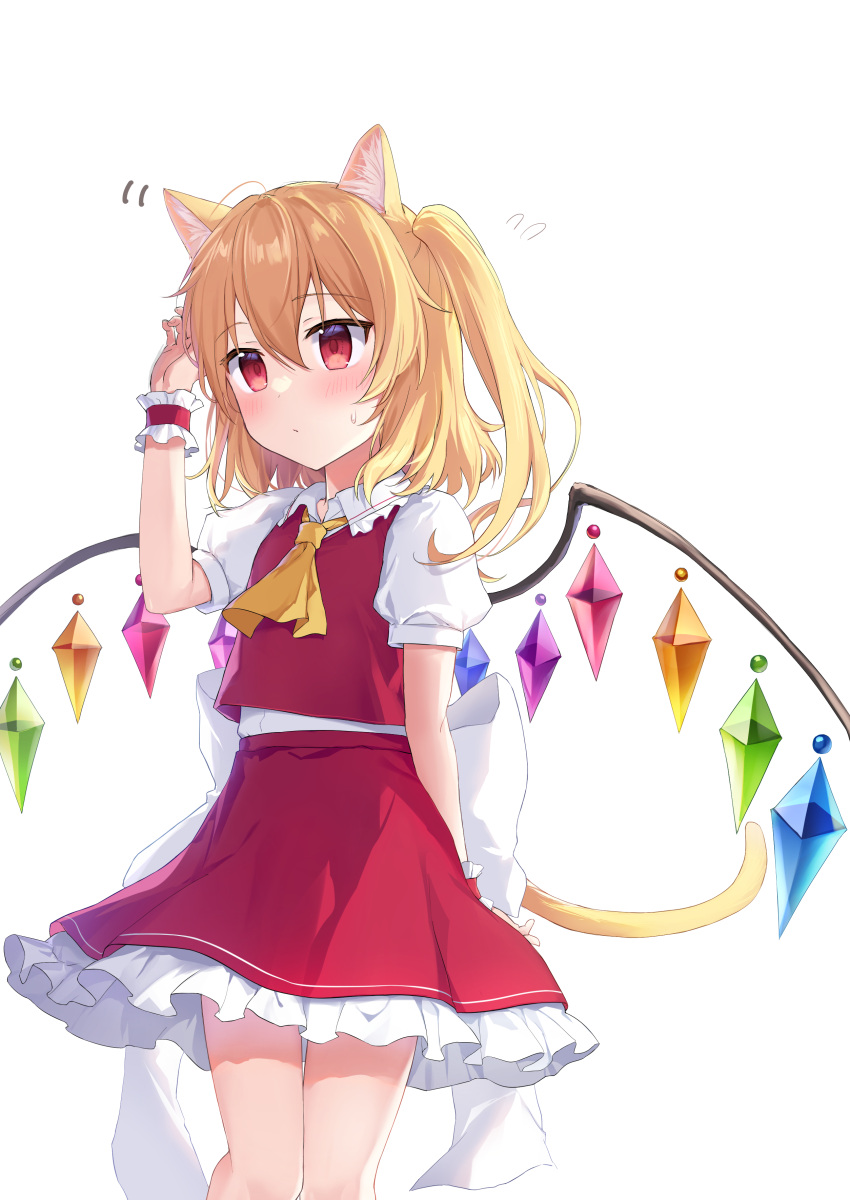 1girl absurdres animal_ear_fluff animal_ears arm_up ascot back_bow bangs blonde_hair blush bow breasts cat_ears cat_tail closed_mouth collared_shirt commentary_request crystal flandre_scarlet frills gem gradient_background grey_bow grey_shirt hair_between_eyes hand_up highres kemonomimi_mode looking_to_the_side multicolored_wings no_hat no_headwear one_side_up petticoat puffy_short_sleeves puffy_sleeves red_eyes red_skirt red_vest shirt short_hair short_sleeves simple_background skirt skirt_set small_breasts solo tail touhou vest white_background wings wrist_cuffs yada_(xxxadaman) yellow_ascot