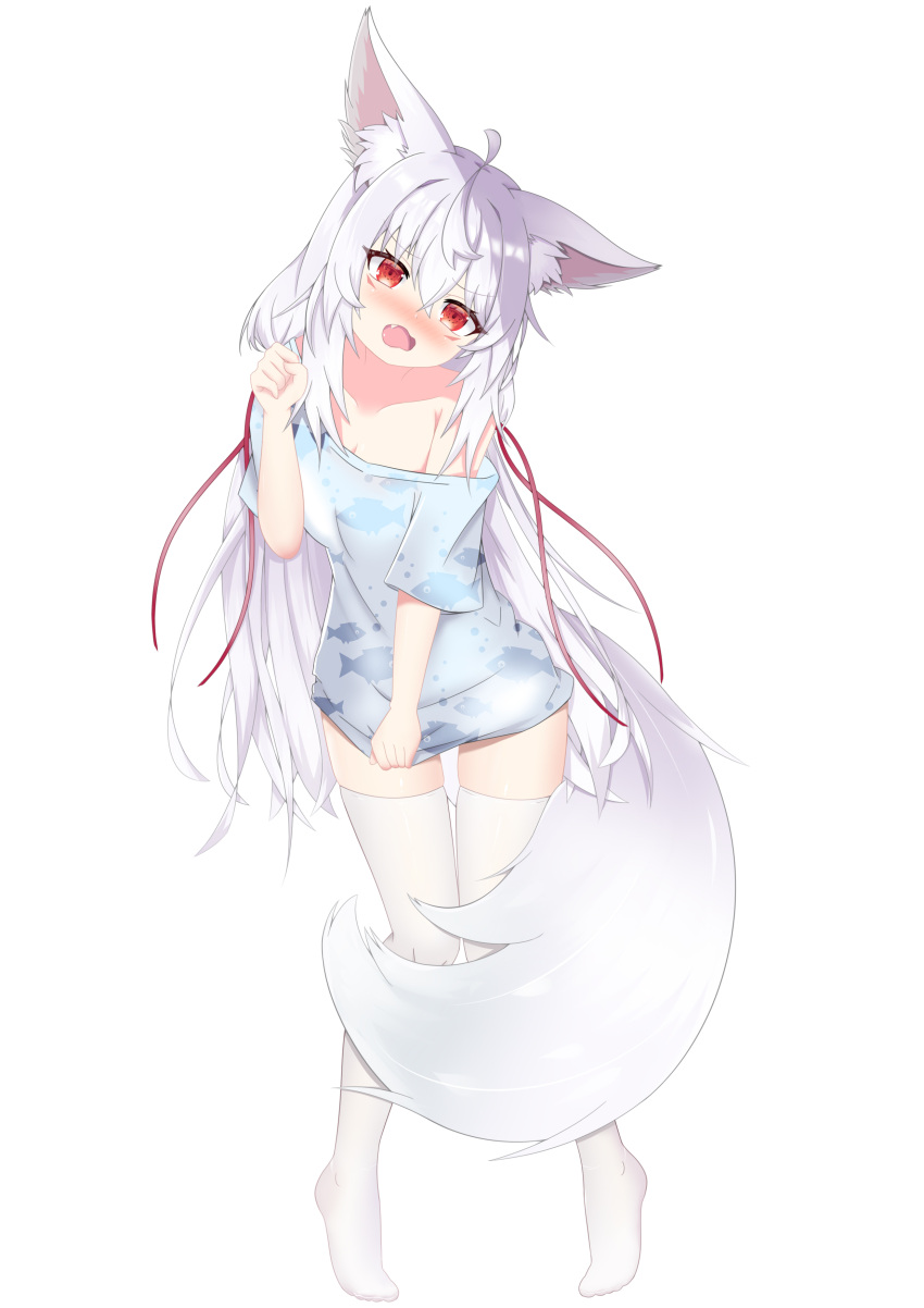 1girl absurdres animal_ear_fluff animal_ears bare_shoulders blush character_request copyright_request embarrassed fang fox_ears fox_girl fox_tail full_body highres long_hair off-shoulder_shirt off_shoulder open_mouth red_eyes shiroi_awa_sakana shirt shirt_tug short_sleeves simple_background solo tail thigh-highs thighhighs very_long_hair virtual_youtuber white_background white_hair white_legwear white_thighhighs