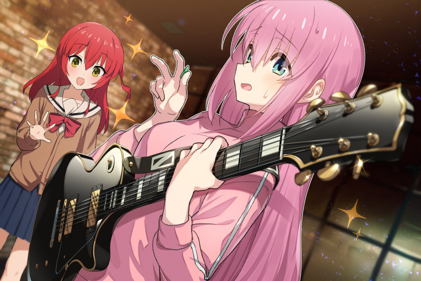 2girls :d absurdres bangs blue_eyes blue_skirt blush bocchi_the_rock! bow bowtie brown_cardigan cardigan electric_guitar gibson_les_paul gotou_hitori green322 guitar highres holding holding_instrument holding_plectrum indoors instrument jacket kita_ikuyo long_hair looking_at_viewer multiple_girls music one_side_up open_mouth pink_hair pink_jacket playing_instrument pleated_skirt plectrum red_bow red_bowtie redhead sailor_collar school_uniform skirt smile sparkle sweat track_jacket v white_sailor_collar yellow_eyes