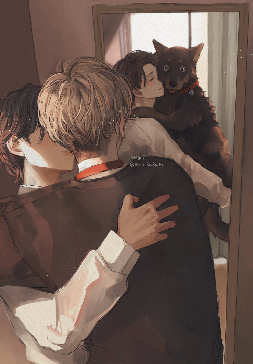 2boys animal black_hair black_se_sa_mi black_shirt blonde_hair brown_hair cat choker closed_eyes different_reflection dog from_behind highres hug humanization indoors katsuki_yuuri looking_at_mirror male_focus mirror multicolored_hair multiple_boys original red_choker reflection shirt short_hair sunlight twitter_username two-tone_hair white_shirt