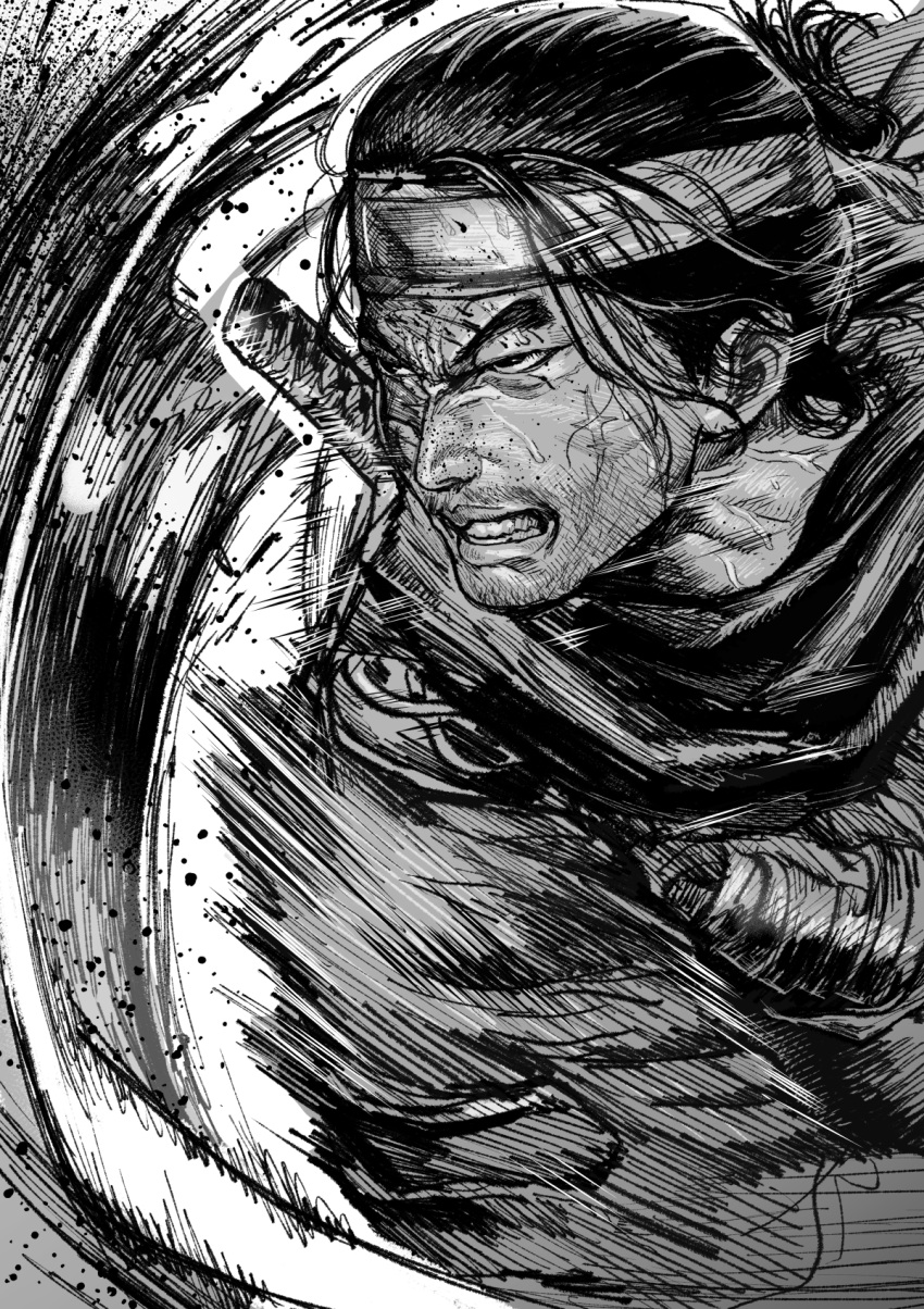 1boy clenched_teeth commentary_request facial_hair furrowed_brow gesogeso ghost_of_tsushima greyscale headband highres katana male_focus monochrome mustache sakai_jin scar scar_on_cheek scar_on_face scarf short_hair solo stubble sword teeth veins weapon