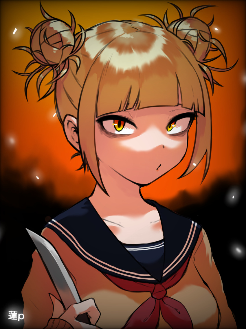 1girl artist_name bags_under_eyes bangs black_background blonde_hair blue_sailor_collar blunt_bangs blurry blurry_background boku_no_hero_academia breasts close-up closed_mouth collarbone commentary double_bun eyeliner hair_bun hair_up highres holding holding_knife knife long_sleeves looking_at_viewer makeup medium_breasts messy_hair neckerchief orange_background portrait pursed_lips red_neckerchief sailor_collar sanpaku school_uniform serafuku shaded_face sidelocks sleeves_past_wrists slit_pupils solo sweater toga_himiko tomitacchi upper_body yellow_eyes yellow_sweater