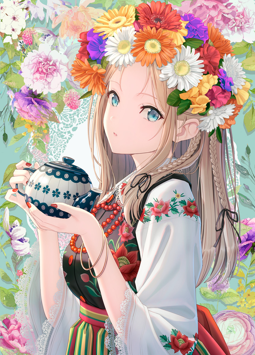 1girl black_flower blonde_hair blue_eyes braid brown_flower commentary_request floral_background flower forehead hair_flower hair_ornament hair_ribbon hands_up highres holding hyuuga_azuri lace-trimmed_sleeves lace_trim light_brown_hair long_hair long_sleeves looking_at_viewer original parted_lips purple_flower red_flower ribbon solo white_flower wide_sleeves yellow_flower