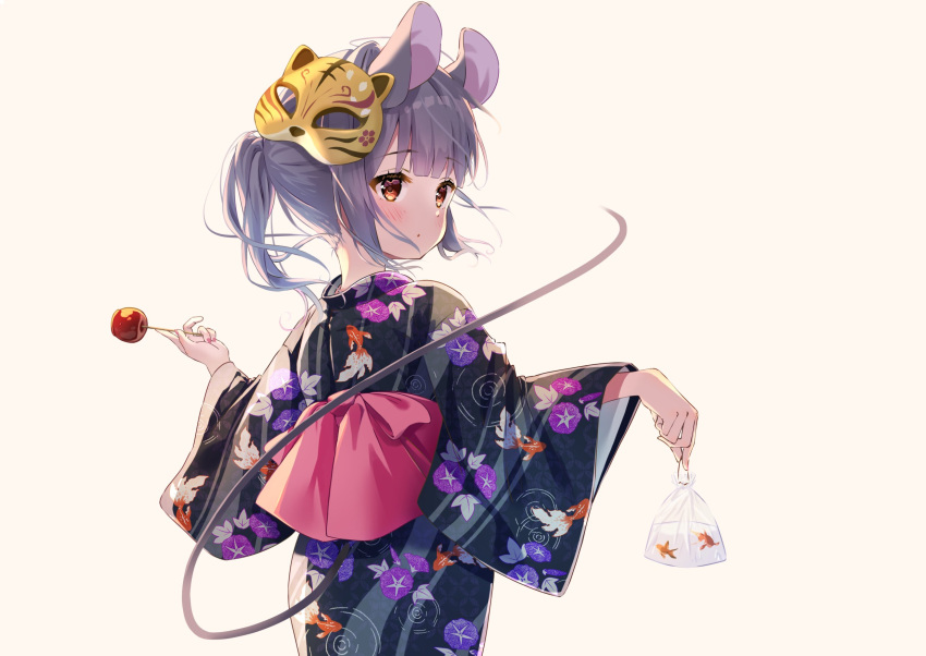 1girl :o alternate_hairstyle animal_ears back_bow bag bagged_fish bangs black_kimono blunt_bangs blush bow brown_eyes candy_apple commentary fish floral_print food gradient gradient_background grey_hair highres holding japanese_clothes kimono long_sleeves looking_at_viewer looking_back mask mask_on_head mouse_ears mouse_tail nagiyu_(shirokuma_village) nazrin obi pink_bow ponytail simple_background solo tail touhou upper_body white_background wide_sleeves yukata