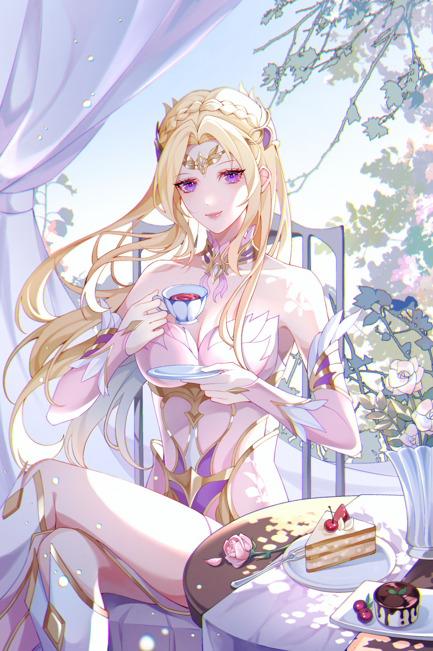 1girl absurdres artist_request bare_shoulders blonde_hair blue_eyes braid branch cake chair cherry cup curtains detached_collar douluo_dalu dress flower food fruit hair_ornament highres long_hair plate purple_eyes qian_renxue_(douluo_dalu) second-party_source sitting smile solo table tea teacup upper_body vase white_dress
