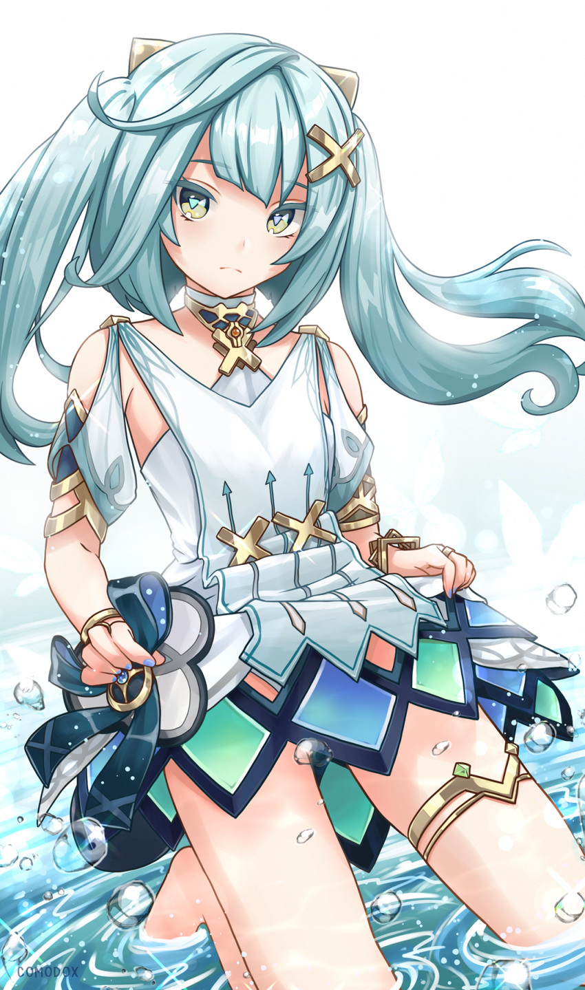 1girl aqua_eyes aqua_hair bangs barefoot blunt_bangs commentary_request comodomodo detached_sleeves faruzan_(genshin_impact) genshin_impact hair_between_eyes hair_ornament highres long_hair looking_at_viewer seiza short_sleeves sidelocks simple_background sitting solo star_(symbol) twintails wading wet wet_clothes