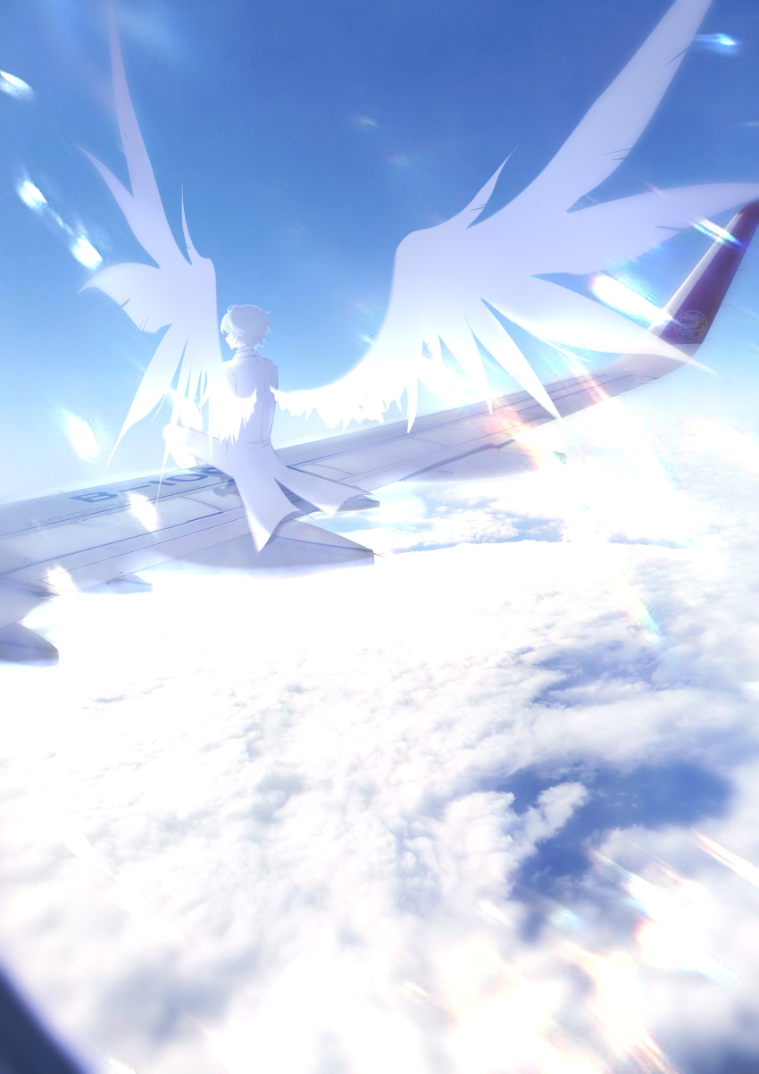 1boy above_clouds absurdres airplane_wing blue_sky blue_theme byuey clouds cloudy_sky commentary facing_away formal from_behind highres male_focus original outdoors pants short_hair sitting sky solo suit tailcoat white_hair white_pants white_suit white_tailcoat white_theme wings wislan_(byuey)