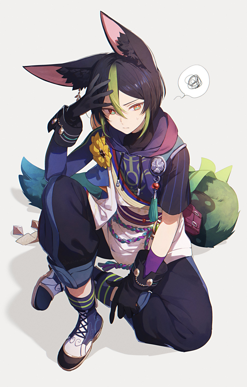 1boy absurdres animal_ear_fluff animal_ears aoppoi_oto asymmetrical_clothes asymmetrical_sleeves bag bangs black_gloves black_hair black_pants black_shirt blue_footwear blunt_ends boots bright_pupils brown_eyes cape capri_pants closed_mouth commentary_request drawstring earrings flower fox_boy fox_ears fox_tail full_body genshin_impact gloves gradient gradient_background green_cape green_eyes green_hair hair_between_eyes hand_up highres hood hood_down hoodie jewelry long_sleeves looking_at_viewer male_focus medal multicolored_clothes multicolored_eyes multicolored_hair pants pouch rope sash shadow shirt short_hair short_sleeves sidelocks simple_background single_earring sitting solo speech_bubble spoken_squiggle squiggle streaked_hair sweatdrop tail tassel tighnari_(genshin_impact) turtleneck vision_(genshin_impact) white_background white_footwear white_pupils wrist_cuffs yellow_flower