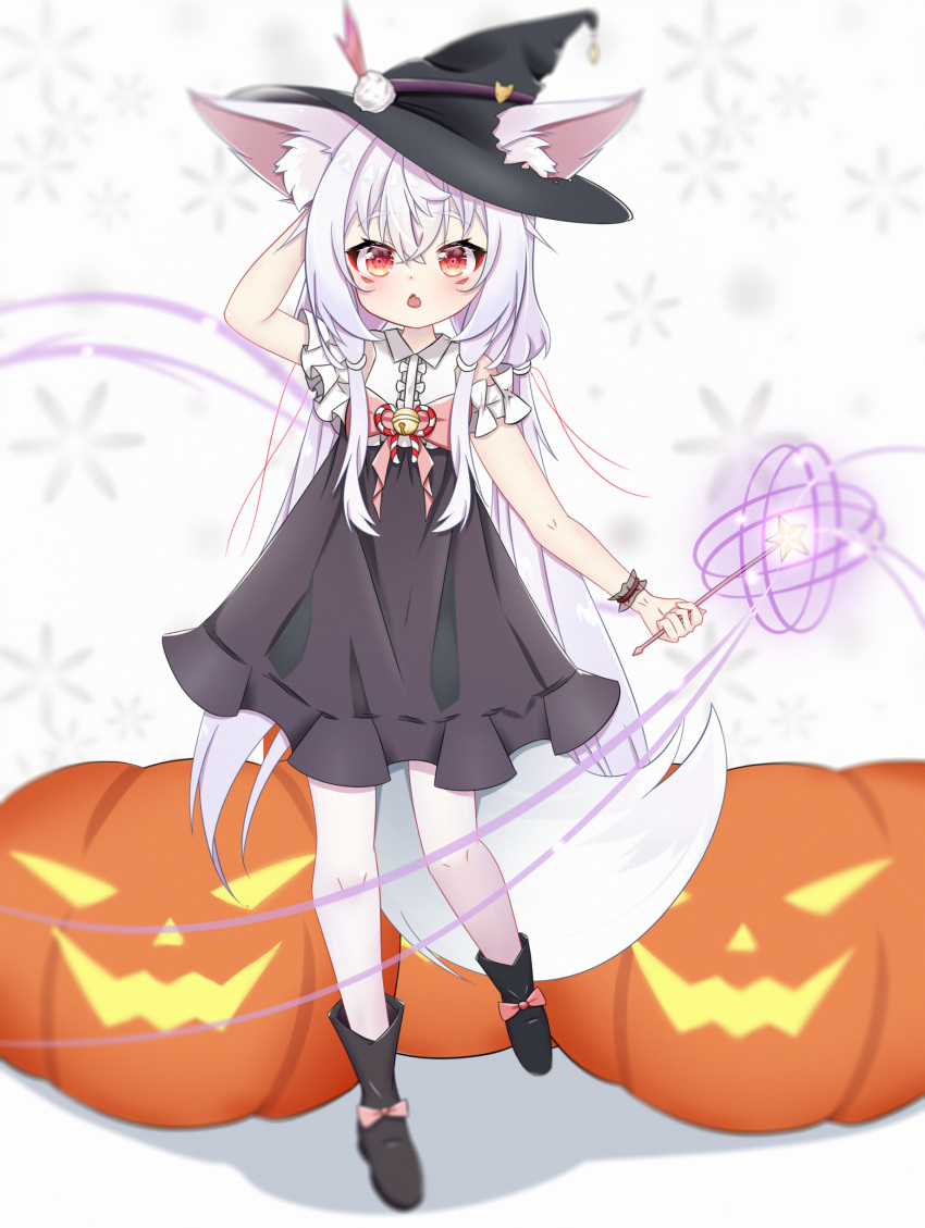 1girl absurdres animal_ear_fluff animal_ears black_dress boots chestnut_mouth dress ears_through_headwear fang female_child fox_ears fox_girl fox_tail full_body halloween hat highres holding holding_wand jack-o'-lantern long_hair off-shoulder_dress off_shoulder open_mouth original pantyhose pumpkin red_eyes shiroi_awa_sakana skin_fang solo star_wand tail very_long_hair wand white_hair witch witch_hat