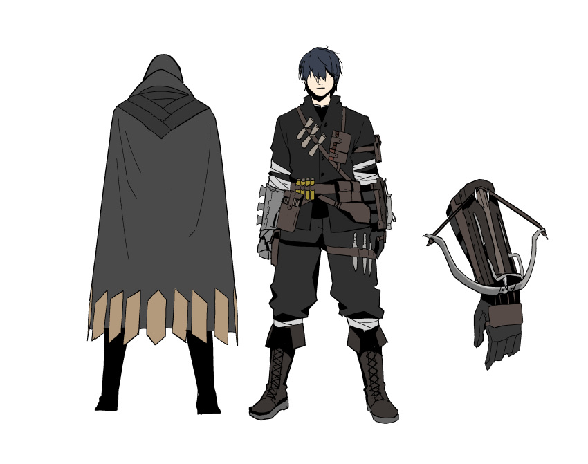 1boy absurdres arm_mounted_weapon black_cape black_footwear black_hair black_pants black_shirt boots cape closed_mouth crossbow from_behind full_body gauntlets gloves gogalking hair_over_eyes highres hood hood_up hooded_cape male_focus original pants reference_sheet shirt short_hair simple_background solo white_background