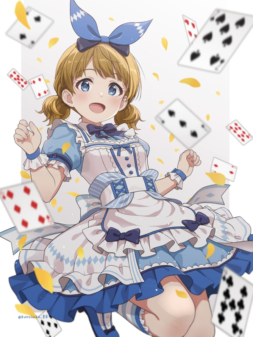 1girl :d alice_(wonderland) blue_bow blue_bowtie blue_eyes blue_footwear blue_ribbon blush bow bowtie brown_hair card club_(shape) diamond_(shape) dress gradient gradient_background grey_background hair_ribbon highres holding_card idolmaster idolmaster_million_live! idolmaster_million_live!_theater_days kurobako_bb looking_at_viewer open_mouth playing_card puffy_short_sleeves puffy_sleeves ribbon shoes short_hair short_sleeves short_twintails smile solo spade_(shape) standing standing_on_one_leg suou_momoko thighs twintails twitter_username two-tone_background white_background