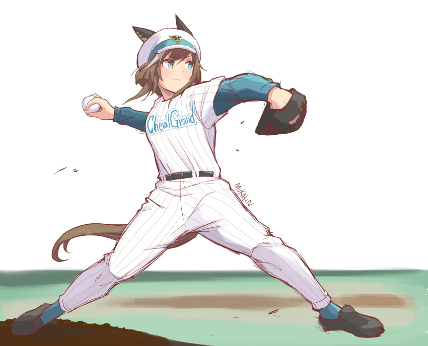 1girl :t alternate_costume animal_ears aqua_eyes artist_name ball bangs baseball baseball_cap baseball_mitt baseball_uniform belt blue_eyes brown_hair cheval_grand_(umamusume) commentary_request cosplay ears_through_headwear full_body grey_hair hat highres holding holding_ball horse_ears horse_girl horse_tail layered_sleeves long_sleeves motion_blur mukakin multicolored_hair pants peaked_cap pinstripe_pattern pitcher's_mound pitching sasaki_kazuhiro sasaki_kazuhiro_(cosplay) short_hair short_over_long_sleeves short_sleeves sidelocks solo sportswear streaked_hair striped tail two-tone_hair umamusume vertical_stripes yokohama_dena_baystars