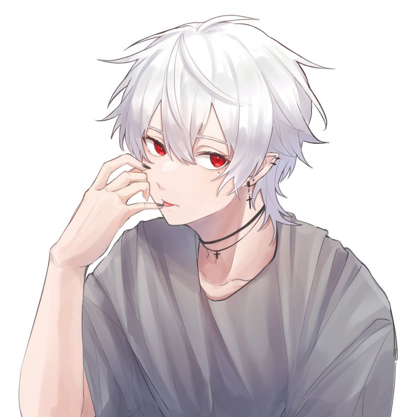 1boy ainu0816 closed_mouth earrings grey_hair grey_shirt hair_between_eyes highres jewelry kuzuha_(nijisanji) looking_at_viewer male_focus necklace nijisanji pointy_ears red_eyes shirt short_hair solo tongue tongue_out white_background white_hair