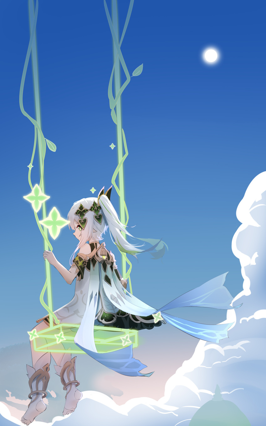 1girl absurdres bangs blue_sky cape clouds cloudy_sky commentary dress english_commentary from_behind genshin_impact gradient_hair green_eyes hair_between_eyes hair_ornament highres long_hair looking_at_viewer looking_back moon multicolored_hair nahida_(genshin_impact) qixia short_sleeves side_ponytail sidelocks sky solo swing symbol-shaped_pupils very_long_hair white_dress white_hair
