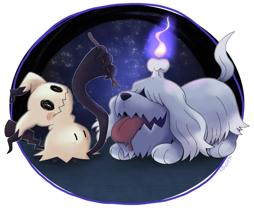 artist_name fire greavard highres holding holding_stick kbuggyk mimikyu night no_humans pokemon pokemon_(creature) pokemon_(game) pokemon_sv purple_fire signature stick tongue tongue_out