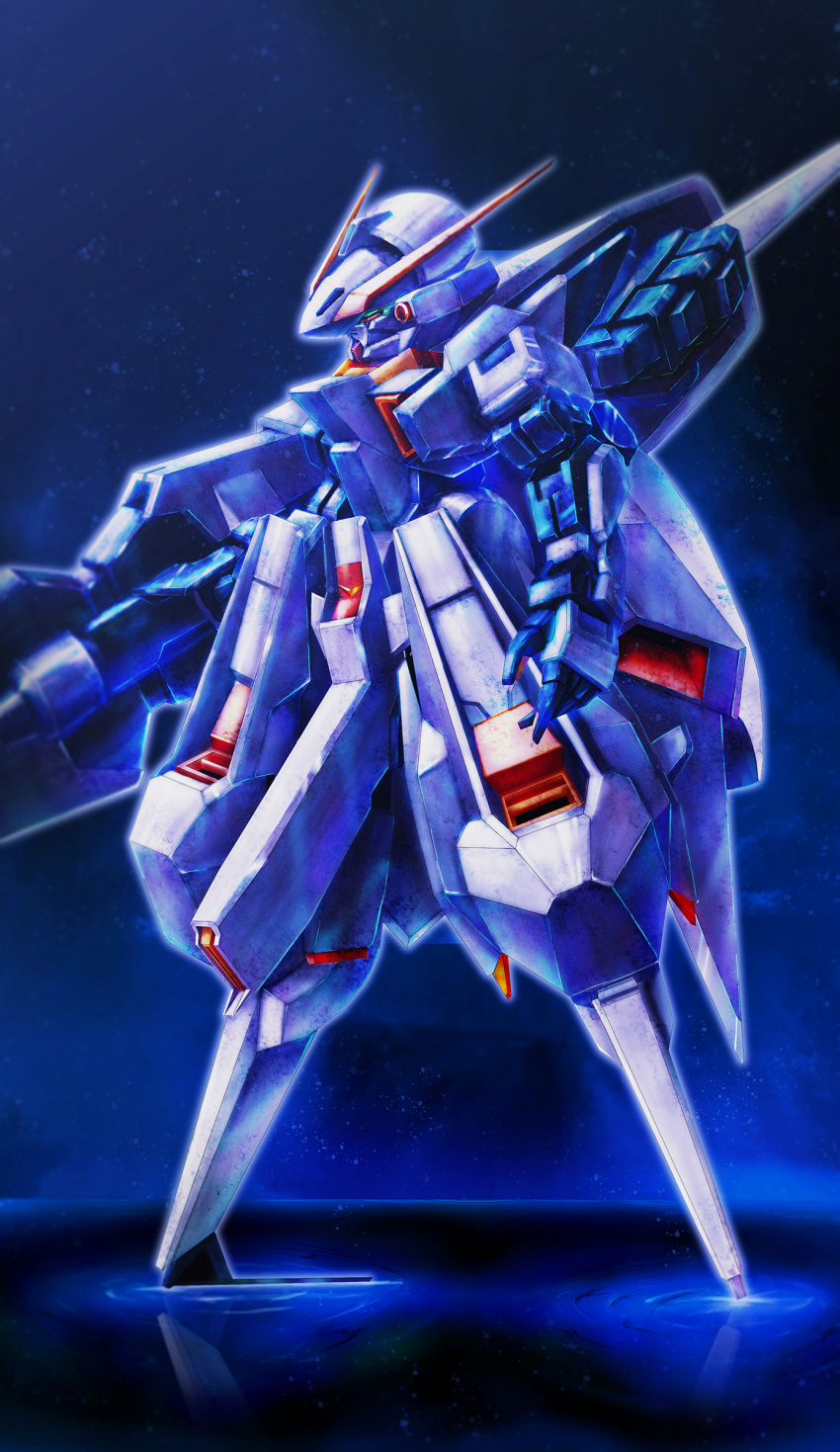 absurdres advance_of_zeta from_side green_eyes gun gundam highres holding holding_gun holding_weapon mecha mobile_suit open_hand realistic robot solo space standing standing_on_liquid star_(sky) starry_background starry_sky sunflower_(tomodog422) tr-6_woundwort v-fin weapon