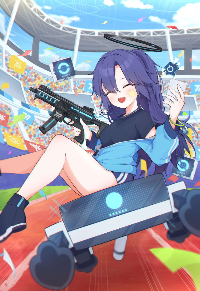 1girl absurdres blue_archive blue_hair blue_sky buruma cellphone closed_eyes clouds confetti crowd flag gun halo highres holding holding_gun holding_weapon id_card jacket lanyard long_hair lpleader open_mouth phone power_symbol robot robot_dog shirt shoes sig_sauer sig_sauer_mpx sky smartphone smile sneakers solo speed_lines stadium star_sticker sticker sticker_on_face submachine_gun t-shirt track_and_field track_jacket trigger_discipline twintails weapon yuuka_(blue_archive) yuuka_(gym_uniform)_(blue_archive)