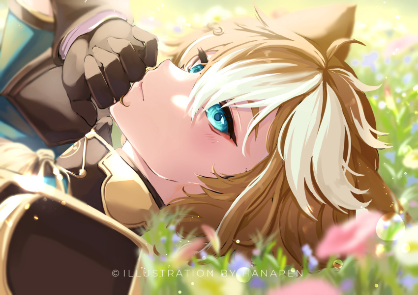 1boy animal_ears aqua_eyes arm_up armor bangs black_collar black_gloves blue_eyes blurry blurry_background blurry_foreground blush brown_hair closed_mouth collar commentary day depth_of_field dog_ears english_commentary eyelashes eyeshadow flower genshin_impact gloves gold_trim gorou_(genshin_impact) grass hair_between_eyes hanapen highres light_particles looking_at_viewer lying makeup male_focus mixed-language_commentary multicolored_hair on_back on_grass outdoors red_eyeshadow short_hair shoulder_armor sidelocks sideways_glance solo streaked_hair sunlight upper_body white_hair