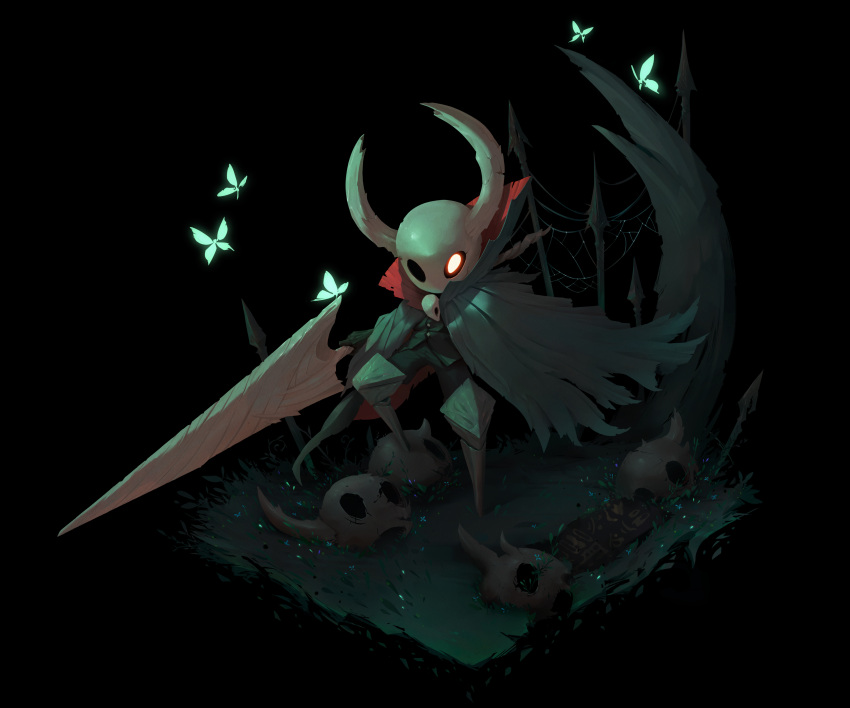 1other 972819623datiancai absurdres armor black_background bug butterfly cape character_request gender_request glowing glowing_eye highres holding holding_weapon hollow_eyes hollow_knight horns insect leg_armor no_humans silk simple_background skull solo spider_web standing weapon