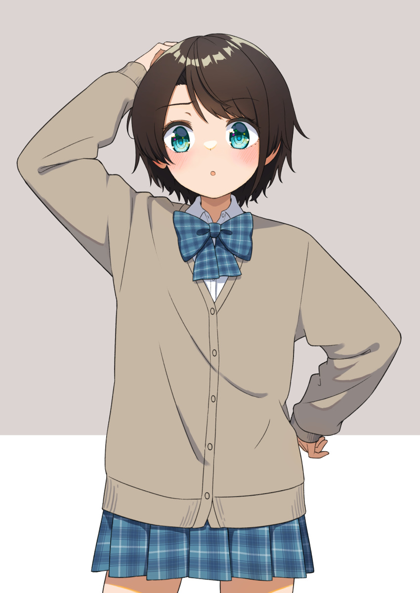 1girl :o absurdres aogami_high_school_uniform arm_up bangs blue_bow blue_bowtie blue_eyes blue_skirt blush bow bowtie brown_cardigan brown_hair cardigan collared_shirt furuneo10 gradient gradient_background hand_on_own_head highres hololive hololive_error looking_at_viewer miniskirt official_alternate_costume oozora_subaru parted_lips plaid plaid_bow plaid_bowtie plaid_skirt pleated_skirt school_uniform shirt short_hair skirt solo swept_bangs uniform virtual_youtuber white_shirt