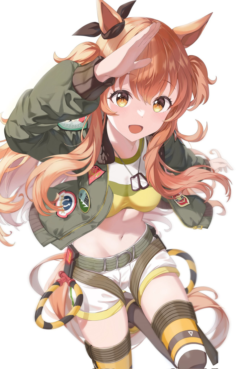 1girl animal_ears breasts brown_hair collarbone commentary_request crop_top dog_tags highres horse_ears horse_girl long_hair looking_at_viewer mayano_top_gun_(umamusume) mentrol midriff navel open_mouth orange_eyes orange_hair salute shorts simple_background small_breasts smile solo tail thigh-highs umamusume white_background