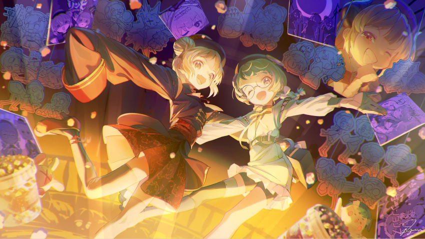 2girls absurdres chinese_clothes double_bun dress glasses green_hair hair_bun halloween_costume hat highres jdge jiangshi long_hair long_sleeves multiple_girls natori_sana ofuda one_eye_closed open_mouth outstretched_arms red_eyes ribbon saeki_yahiro sana_channel short_hair smile virtual_youtuber wide_sleeves