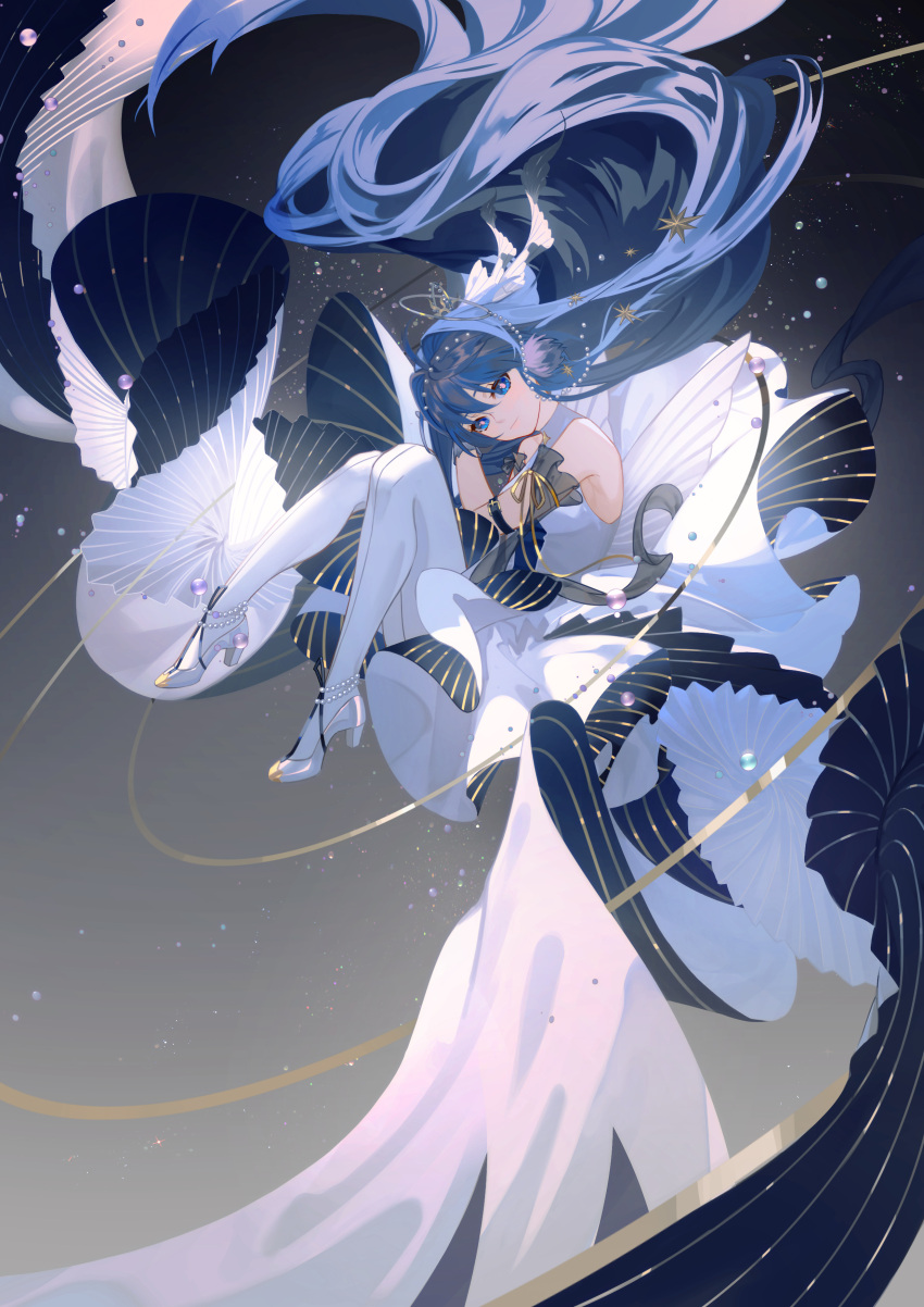 1girl absurdly_long_hair absurdres arknights astesia_(arknights) astesia_(frlibre_on_the_palace)_(arknights) bare_shoulders blue_eyes blue_hair bright_pupils dress floating full_body hair_ornament high_heels highres light_smile long_dress long_hair looking_at_viewer lubusi orbited pantyhose solo umbrella very_long_hair white_dress white_pantyhose white_pupils