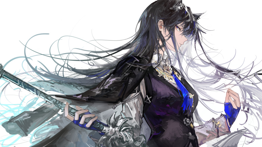 1girl absurdres animal_ears arknights black_cape black_hair black_vest blue_gloves blue_necktie breasts cape collared_shirt extra_ears fingerless_gloves gloves hair_between_eyes highres holding holding_sword holding_weapon long_hair long_sleeves looking_at_viewer naijiaer necktie official_alternate_costume shirt sideways_glance simple_background small_breasts solo sword texas_(arknights) texas_the_omertosa_(arknights) upper_body vest weapon white_background white_shirt wolf_ears wolf_girl yellow_eyes